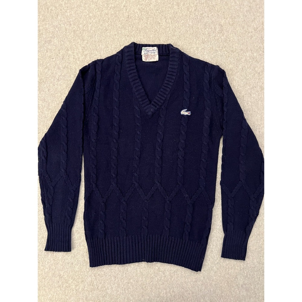 Haymaker Lacoste Sweater Women's 38 XS Blue V-Neck Cable Knit‎ Preppy Vintage